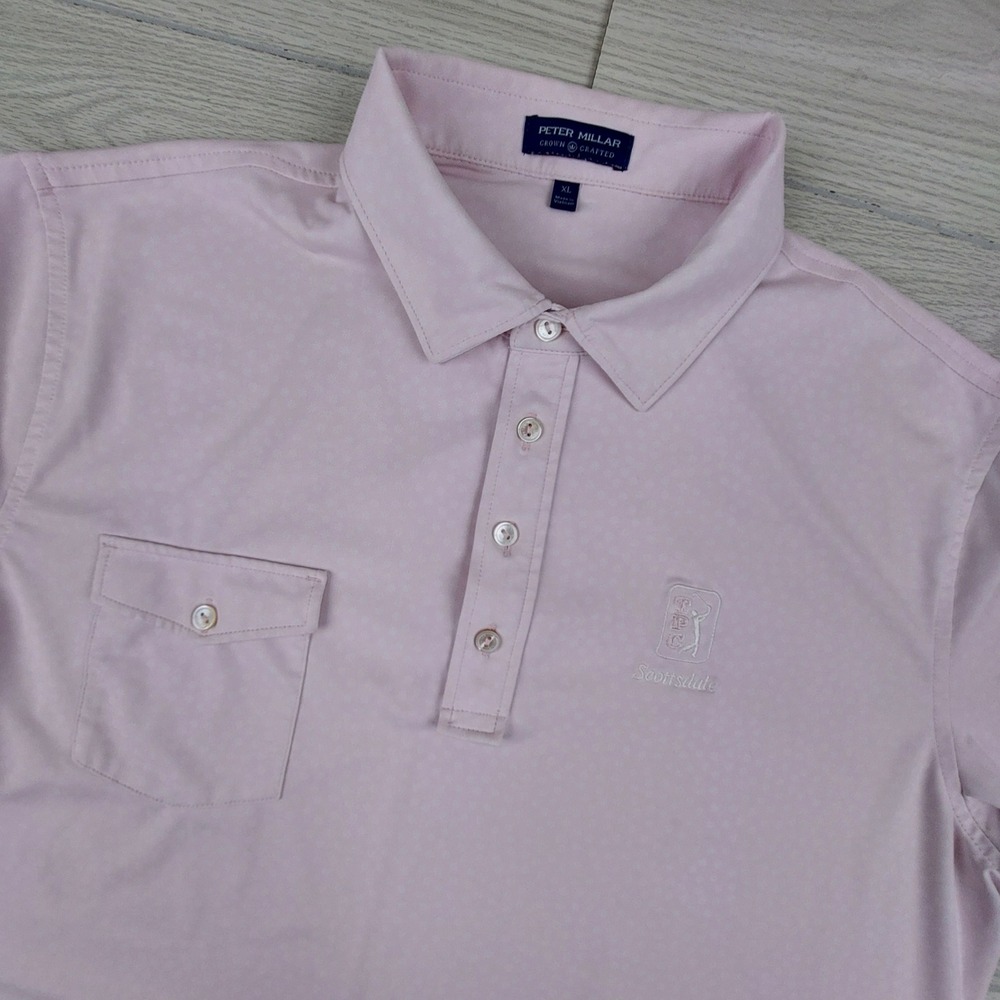 Peter Millar Crown Crafted Polo Shirt Mens XL Pink TPC Scottsdale Snowflake  AOP